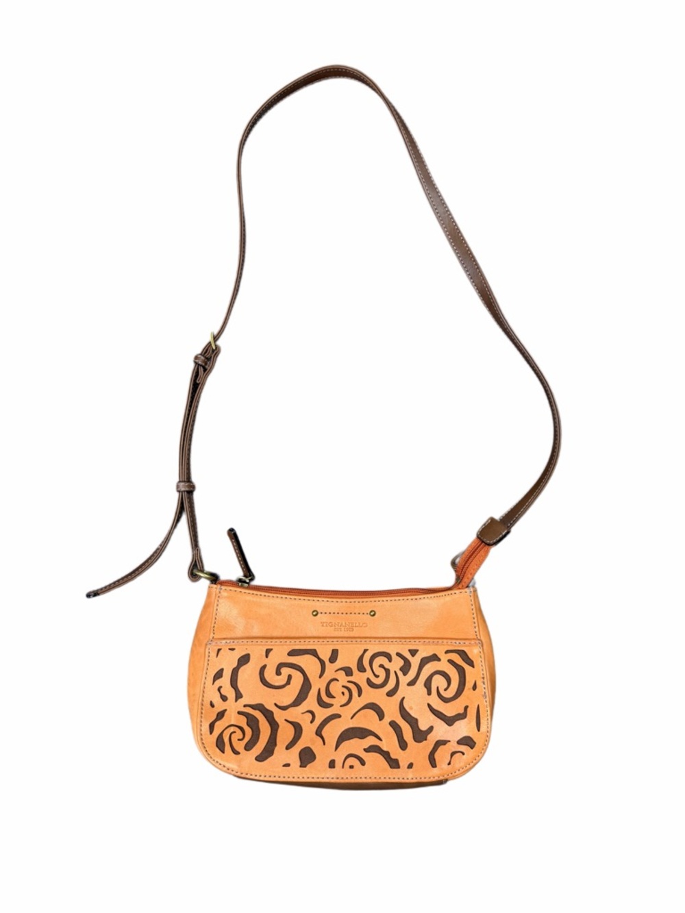 Tignanello Leather Crossbody Bag Tan Orange Cutout Pattern Small Purse